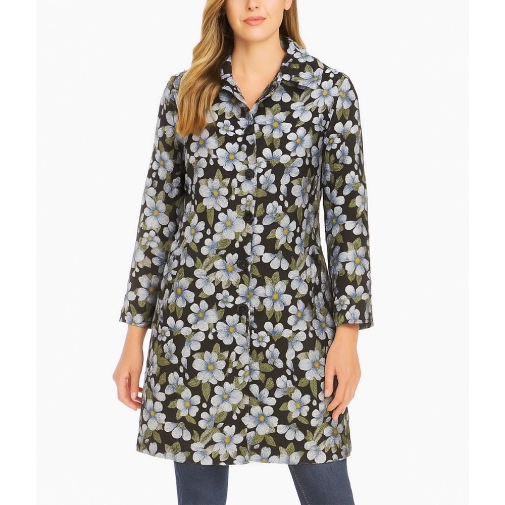Sam Chen Brocade A-Line Coat M/L Forget Me Not Floral Designer New Dark Romance